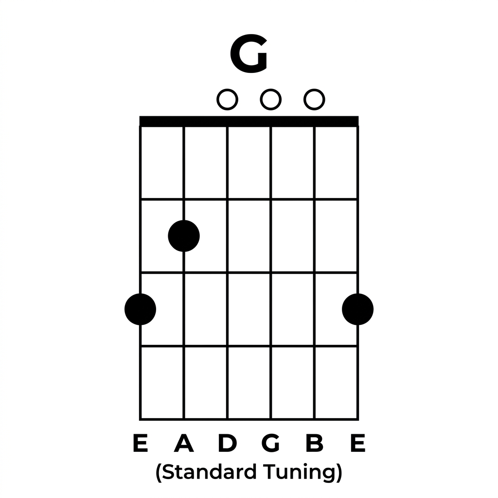 G Major guitar chord diagram showing finger placement on fretboard
