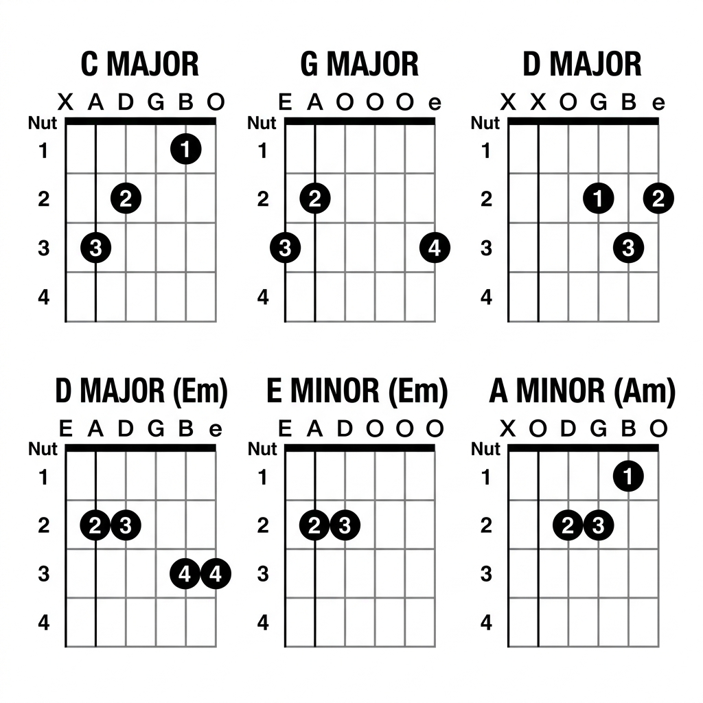 5 essential beginner guitar chord diagrams - C Major, G Major, D Major, E minor, A minor